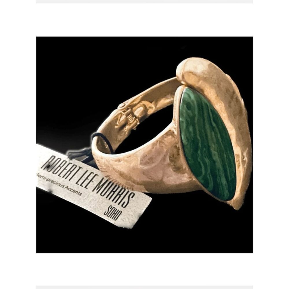 NWT Robert Lee Morris Gold-tone Green Malachite Stone Sculptural Hinged Bracelet